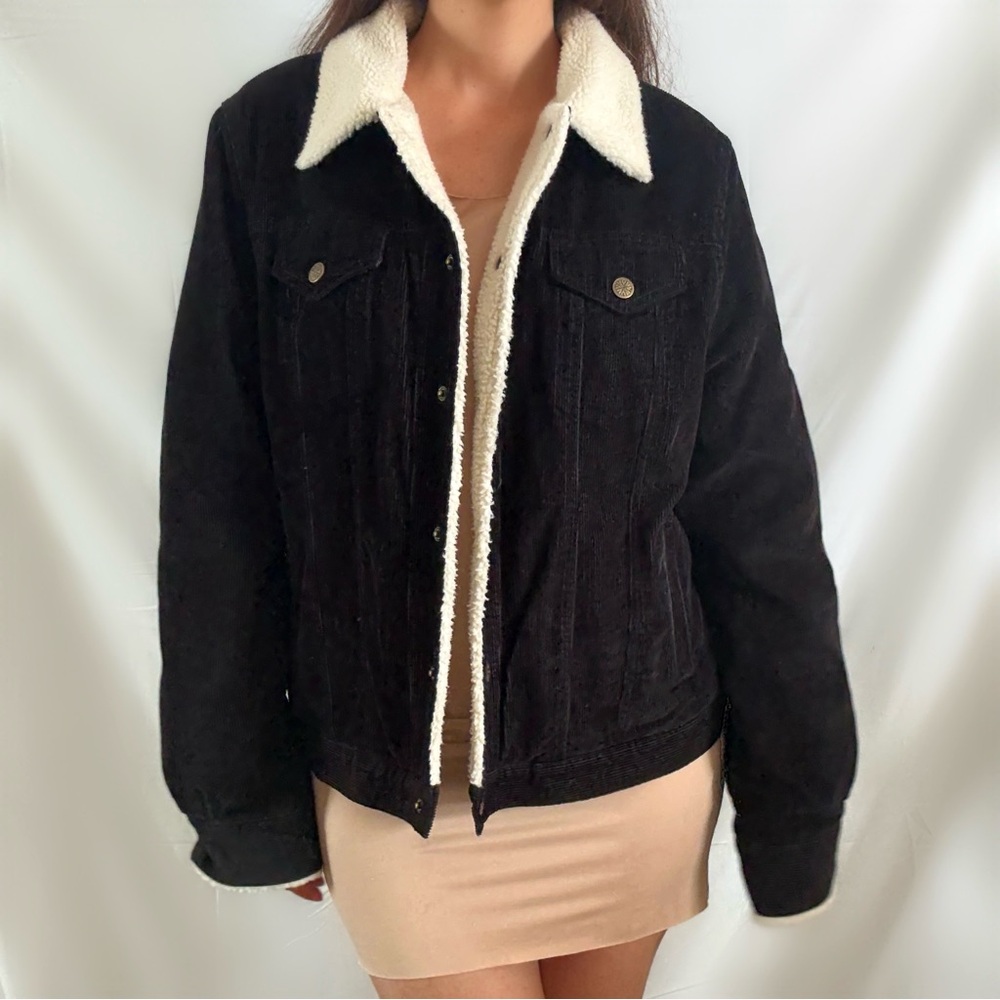 Vintage 90s black corduroy sherpa trimmed jacket fall winter large indie grunge - Picture 2 of 5